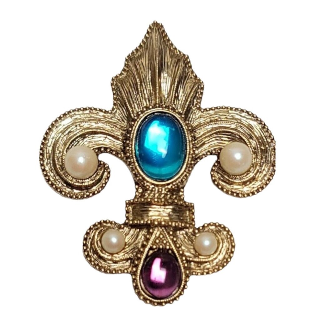1928 Jewelry Fleur De Lis Faux Pearl Blue & Purple Rhinestone Brooch